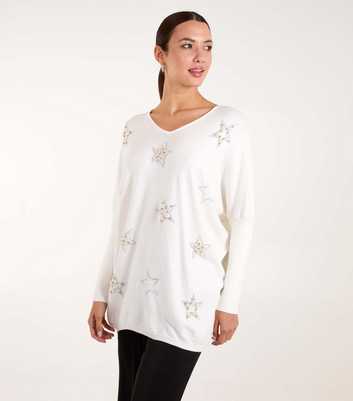 Blue Vanilla White Fine Knit Faux Pearl Star Jumper