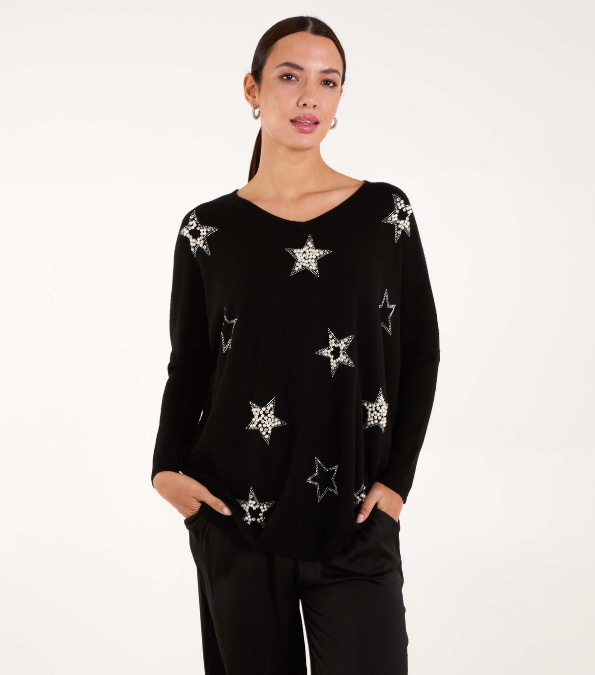 Women's Black Fine Knit Faux Pearl Star Jumper Blue Vanilla New Look