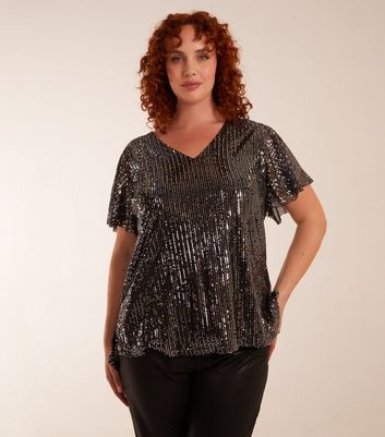 Blue Vanilla Curves Black Metallic Sequin V Neck Top New Look