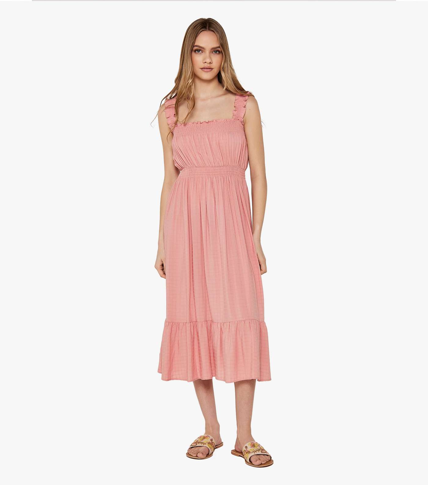 Apricot Pink Check Smocked Waist Midi Dress Image 4