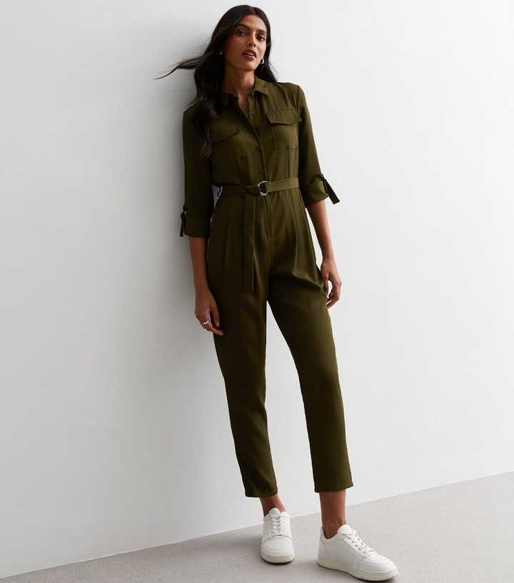 Cameo Rose Khaki Belted Utility Jumpsuit