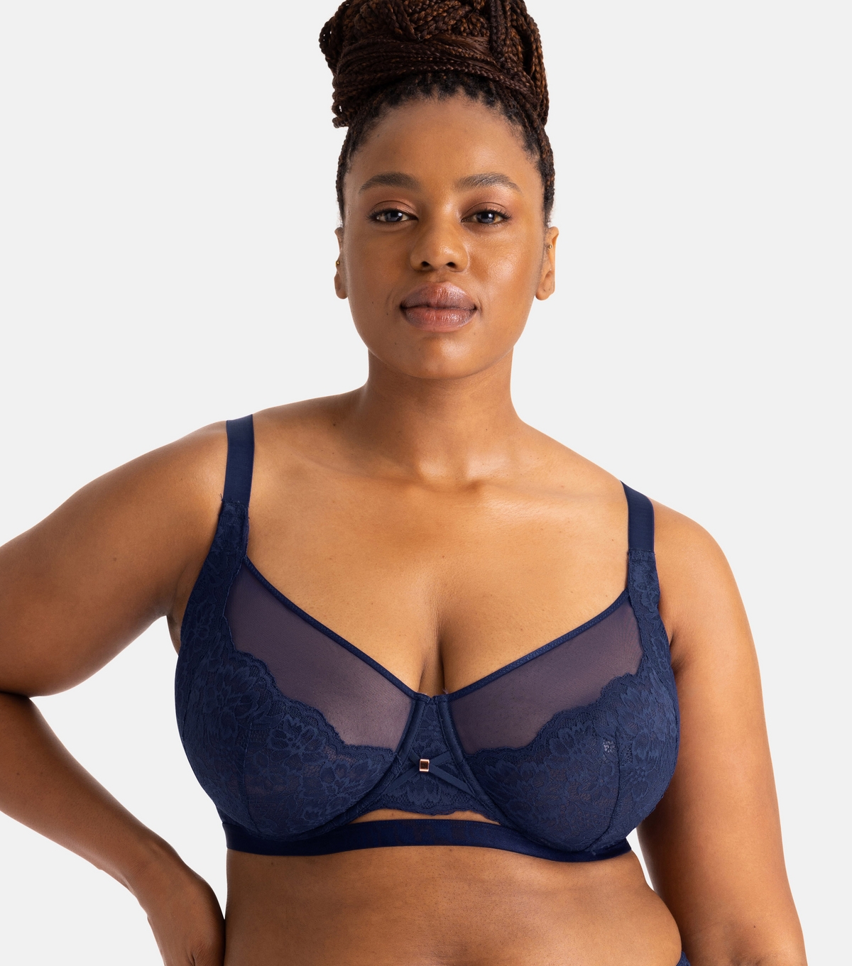 Women's Plus Size Blue Floral Lace Mesh Underwired Bra Curves Dorina New Look