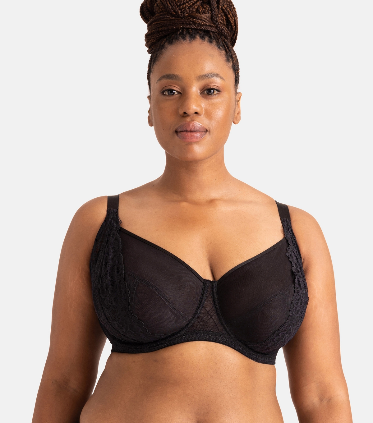Women's Plus Size Black Floral Lace Mesh Underwired Bra Curves Dorina New Look