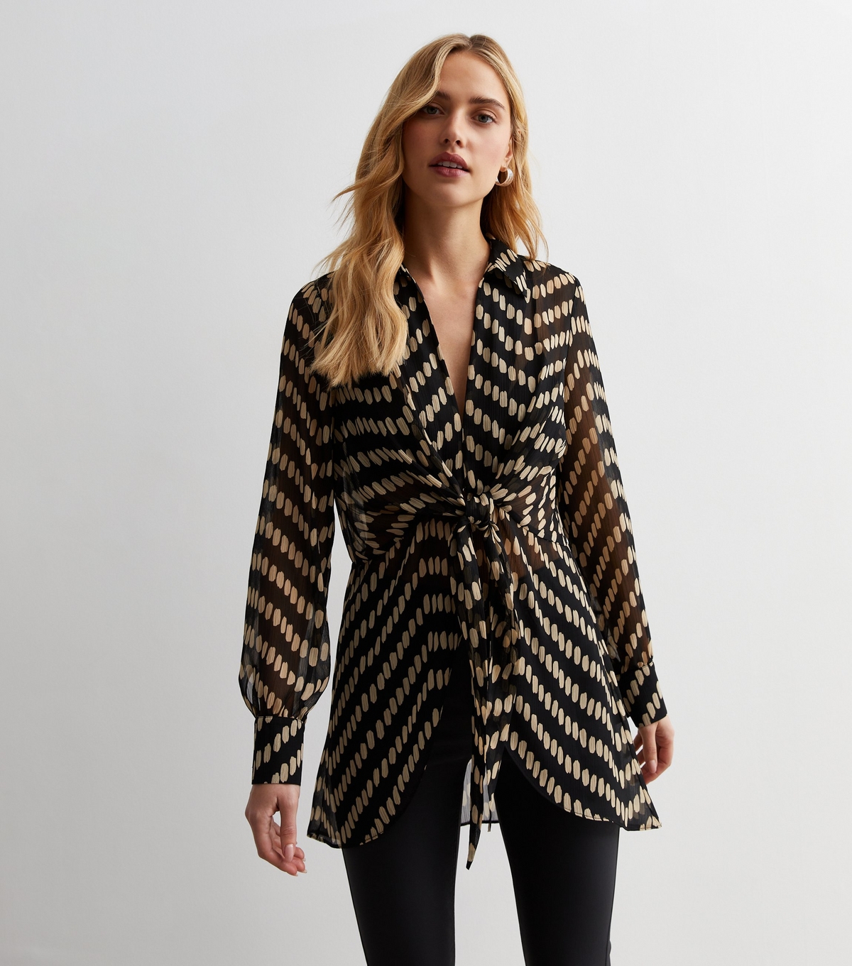 Women's Black Chiffon Spot Print Twist Front Long Sleeve Shirt New Look
