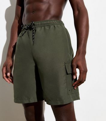 Khaki Cargo Swim Shorts New Look