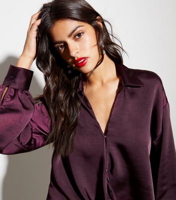 Burgundy Satin Tie Front Shirt | New Look