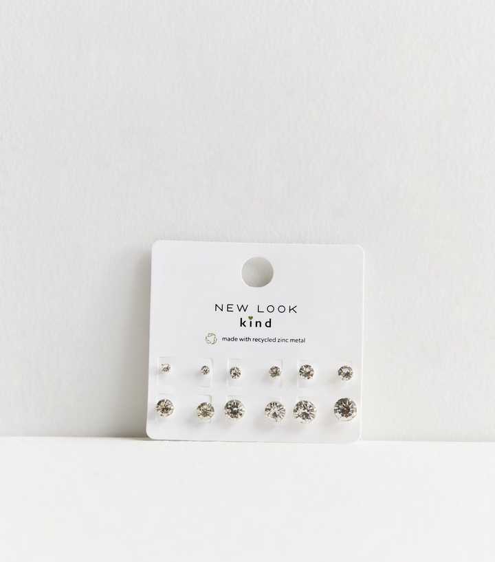 6 Pack Silver Mixed Diamanté Stud Earrings