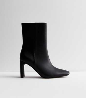 Black Leather-Look Pointed Slim Block Heel Boots