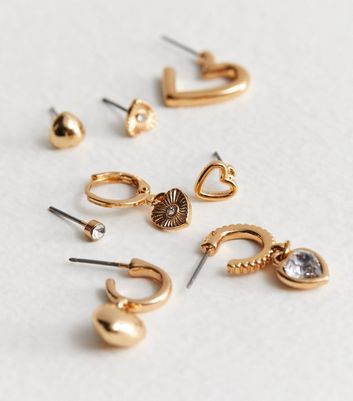 8 Pack Gold Heart Stud Charm Earrings New Look