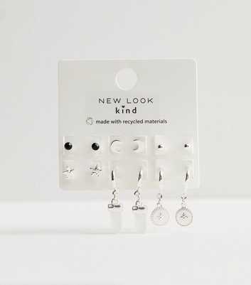 6 Pack Silver Crystal Charm Stud Earrings