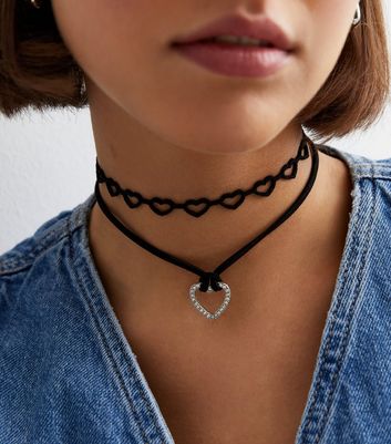 Black Cord Layered Heart Choker Necklace