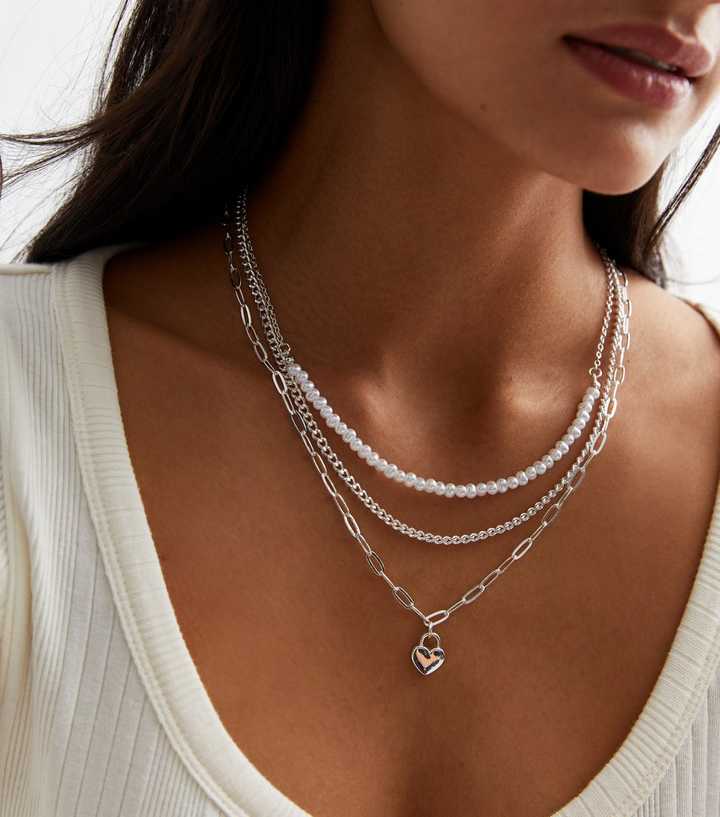 Silver Faux Pearl Chain and Heart Pendant Layered Necklace