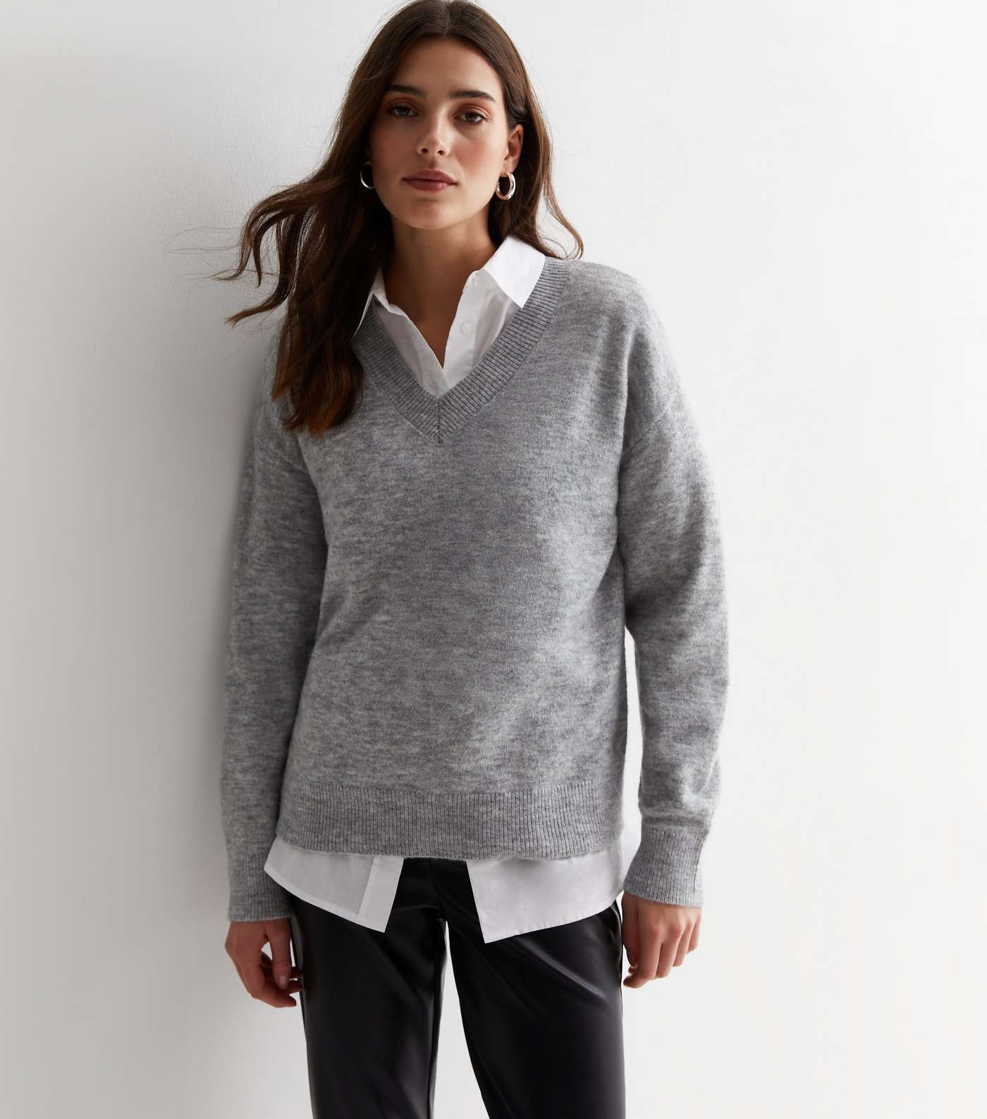 Grey V Neck Knitted Jumper Image 2