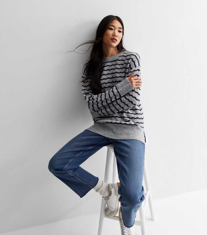Light Grey Stripe Stitch Knit Crew Neck Jumper | New Look