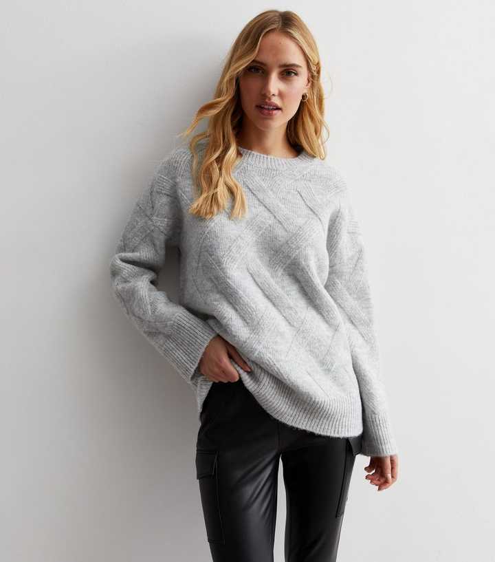 Pale Grey Diagonal Stitch Knit Crew Neck Jumper