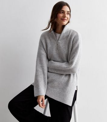 Grey Ribbed Knit Zip Neck Jumper | New Look