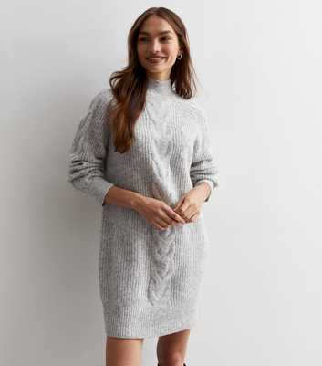 Pale Grey Stitch Knit Cable Front High Neck Mini Dress