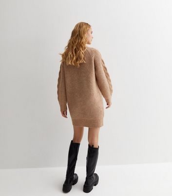 Camel Stitch Knit Cable Front High Neck Mini Dress New Look