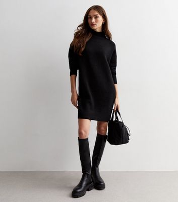 Black Knit High Neck Mini Dress | New Look