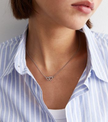 Silver Double Diamante Heart Necklace New Look