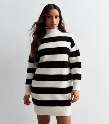 Petite Cream Stripe Knit High Neck Long Sleeve Mini Dress | New Look