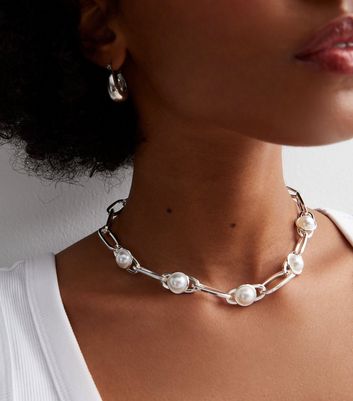 Silver Faux Pearl Link Chain Necklace New Look