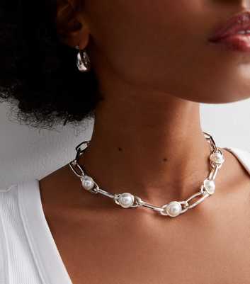 Silver Faux Pearl Link Chain Necklace