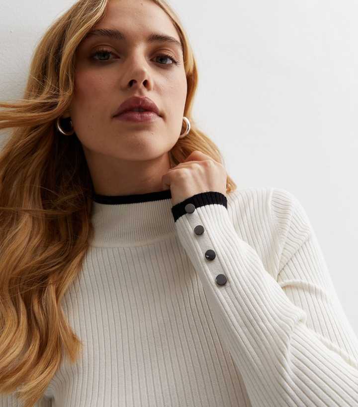 Off White Ribbed Knit Button Cuff Top