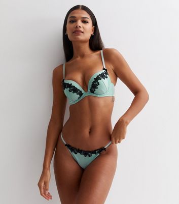 Mint Green Satin Lace Trim Push Up Bra New Look