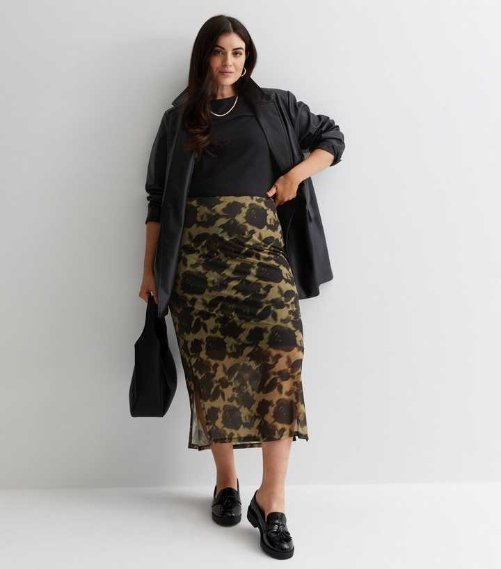 Curves Green Floral Mesh Midi Skirt