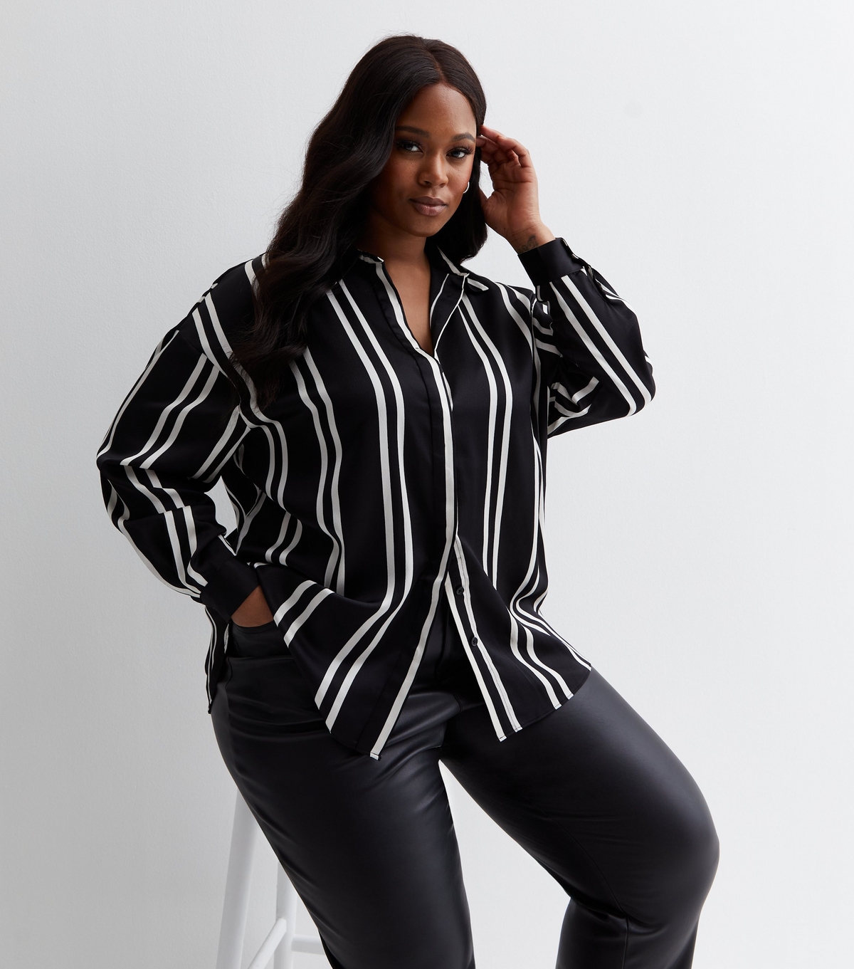 Women's Plus Size Black Stripe Satin Long Sleeve Shirt Curves New Look