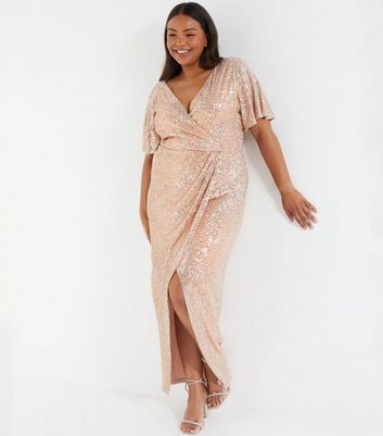 QUIZ Curves Pale Pink Sequin Wrap Maxi Dress New Look