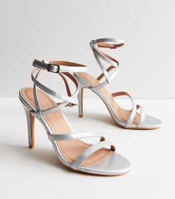 Silver Leather-Look Strappy Stiletto Heel Sandals