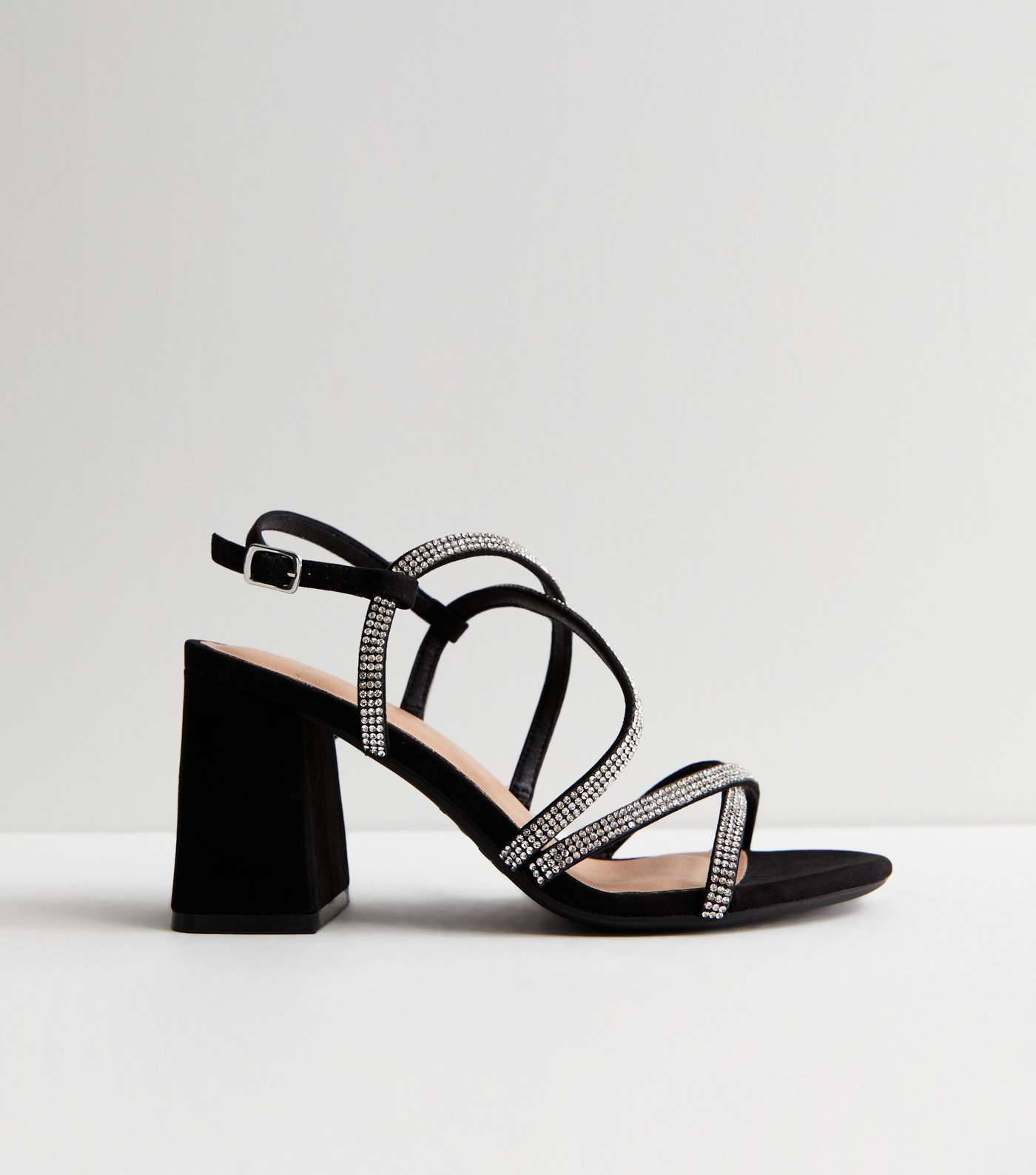 Wide Fit Black Diamanté Strappy Block Heel Sandals Image 2