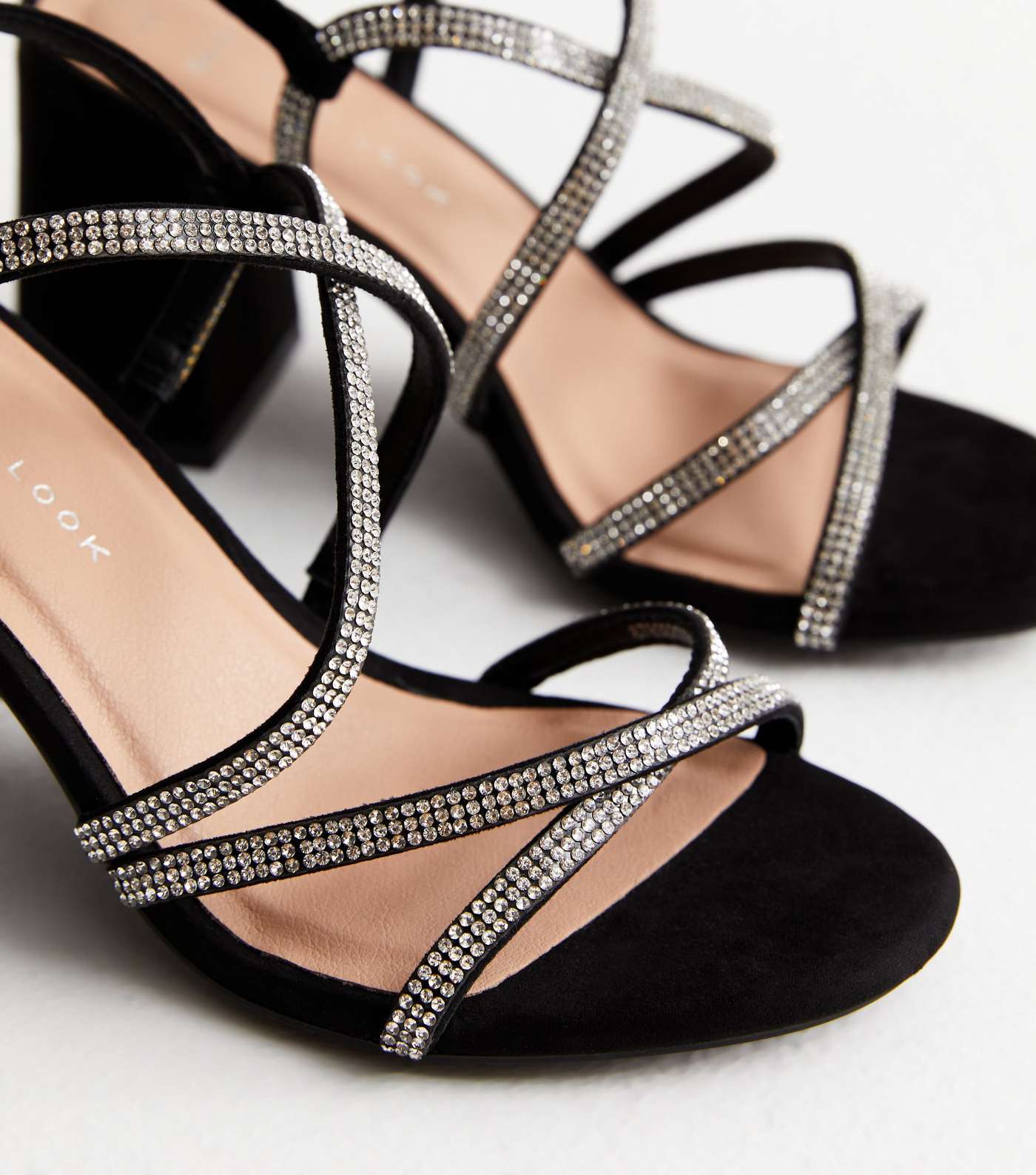 Wide Fit Black Diamanté Strappy Block Heel Sandals Image 4