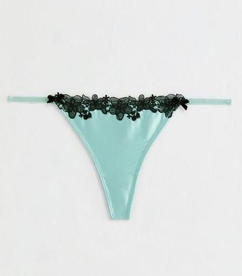 Mint Green Satin Lace Trim Thong New Look