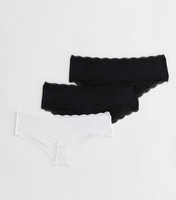 3 Pack Black and White Soft Touch Lace Trim Short Briefs New Look