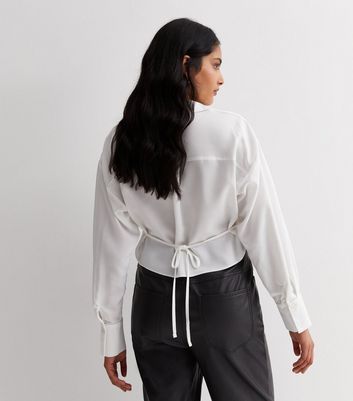 White Satin Tie Back Crop Shirt New Look