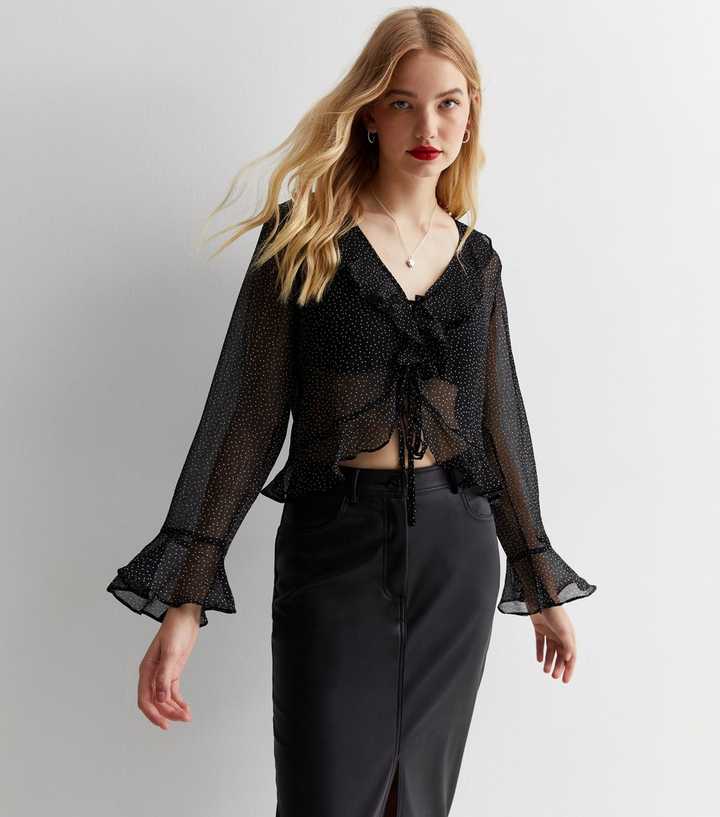 Black Spot Chiffon Ruffle Neck Shirt