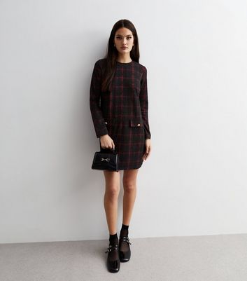 Red Jersey Check Button Mini Tunic Dress New Look