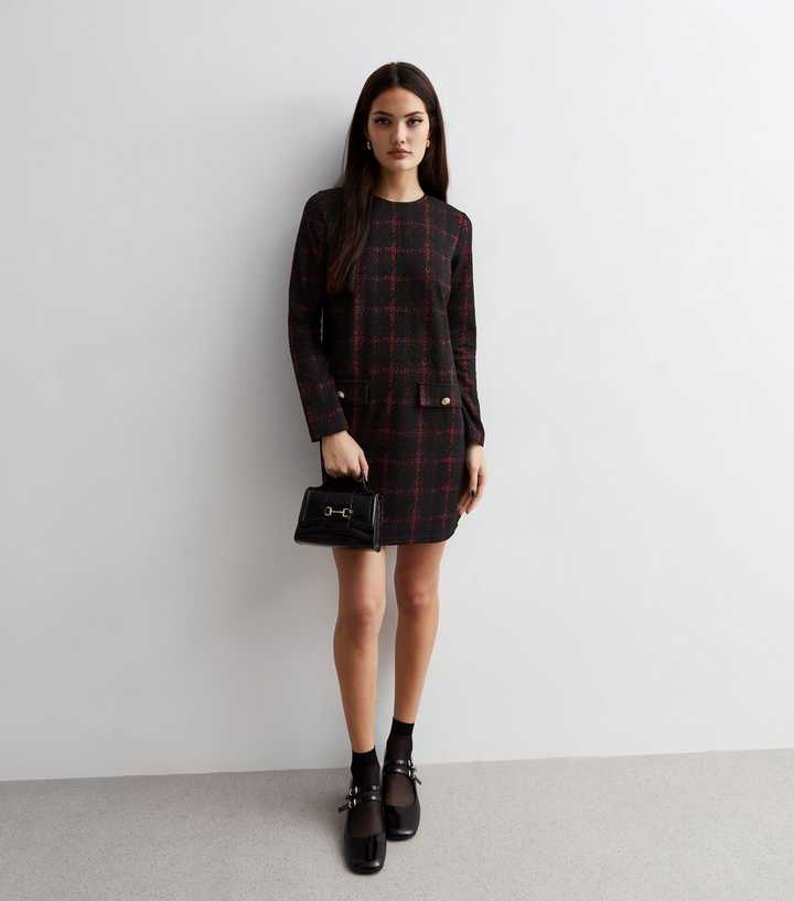 Red Jersey Check Button Mini Tunic Dress