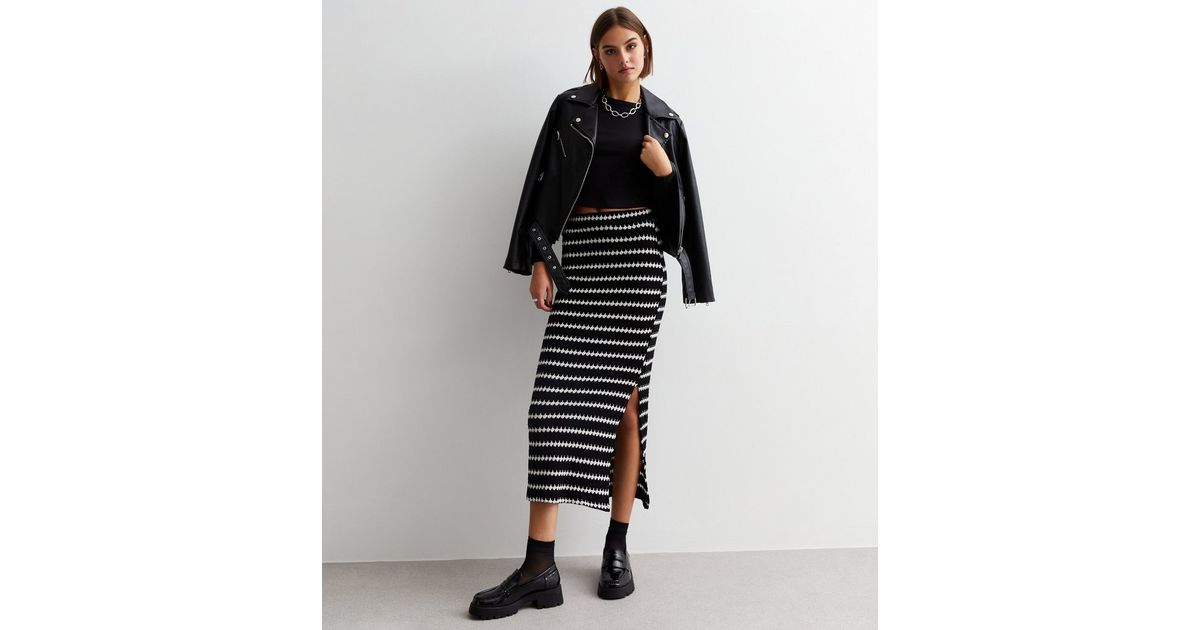 Black Stripe Crochet Split Hem Midaxi Skirt | New Look