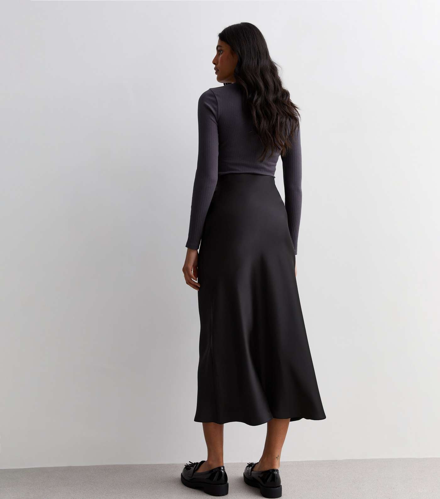Black Satin Bias Cut Midi Skirt Image 4
