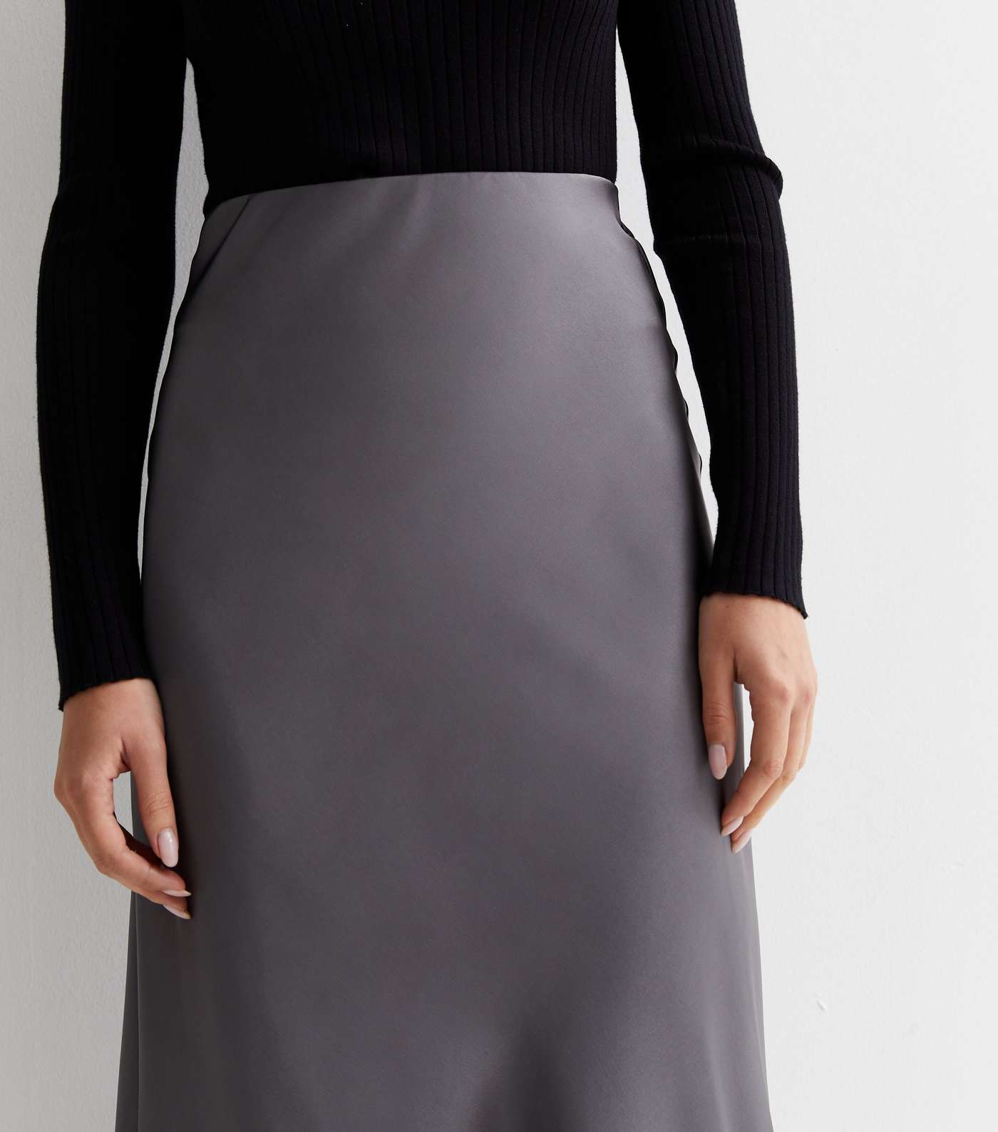 Dark Grey Satin Bias Cut Midi Skirt Image 2