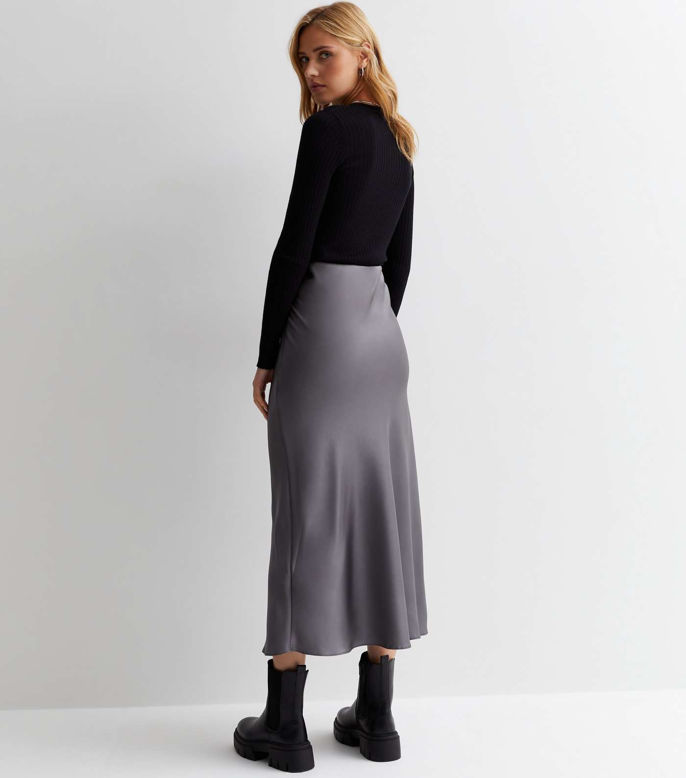 Dark Grey Satin Bias Cut Midi Skirt Image 4