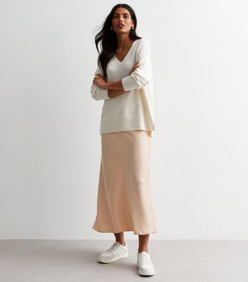 Cream Satin Bias Cut Midi Skirt New Look