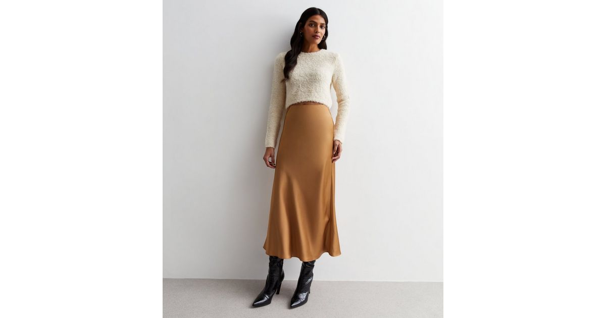 Camel Satin Bias Cut Midi Skirt | New Look