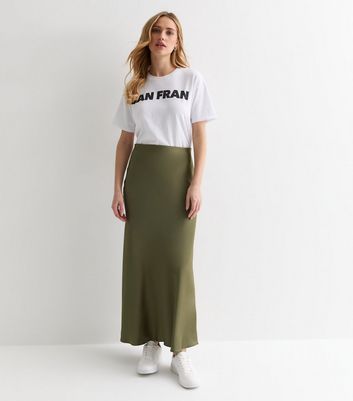 Olive Satin Bias Cut Midi Skirt New Look