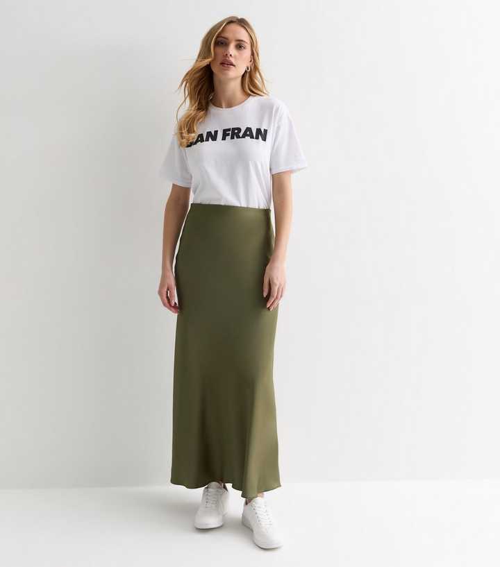 Olive Satin Bias Cut Midi Skirt