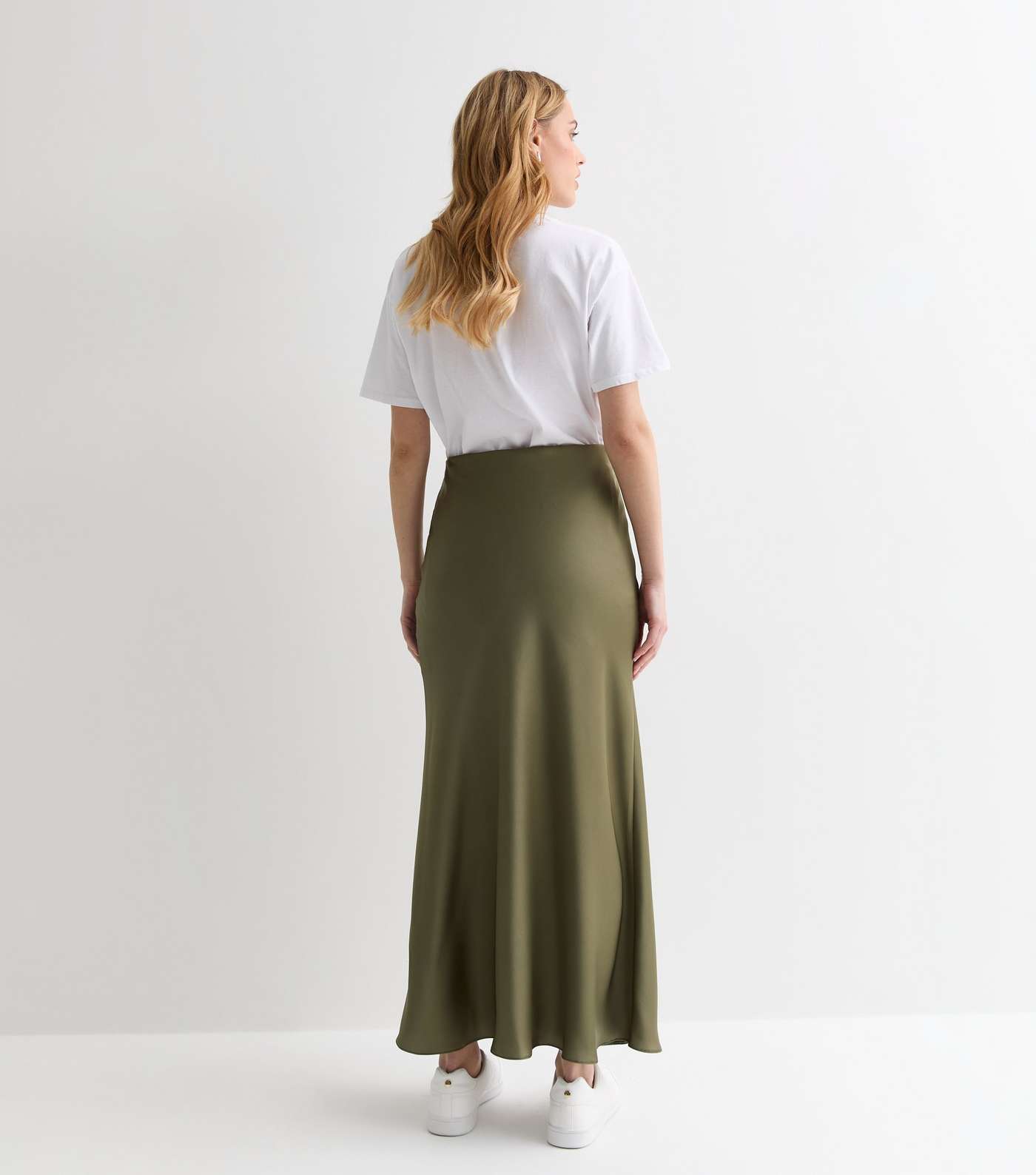 Olive Satin Bias Cut Midi Skirt Image 4